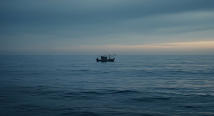 Obraz premium Lone fishing boat sailing on the ocean at dusk beneath a cloudy sky