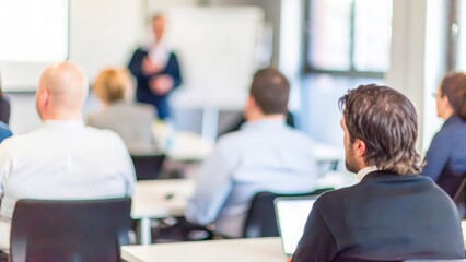 Attentive Business Team Listening to Blurred Presenter in Company Training Session
