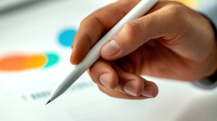 Hand holding pen over charts