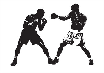Two Boxers in Fighting Stance - Dynamic Black and White Silhouette Illustration