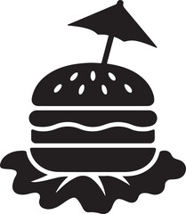 Silhouette vector of a burger with a toothpick umbrella, symbolizing fun, casual dining and decorative food presentation. Perfect for food branding.
