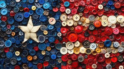 A Patriotic tapestry crafted from buttons symbolizing unity and remembrance with a central star emblem Close up colorful