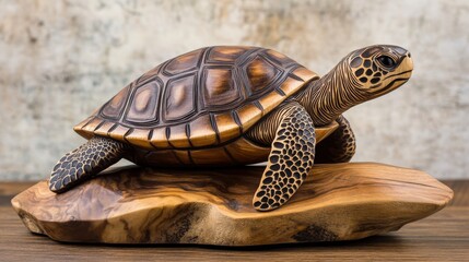 Obraz premium Intricate Wooden Turtle Carving with Detailed Patterned Shell on Base