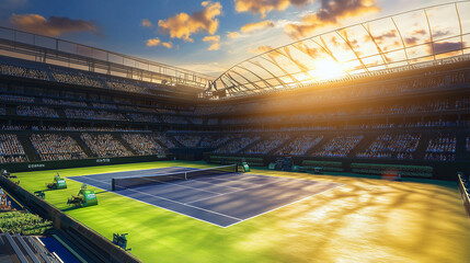 Professional Tennis Court at Sunset. Ideal for themes involving sports, tennis, calm atmospheres, and morning routines.