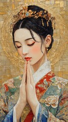 a chinese girl, golden halo, in mosaic Byzantine style, with soft light, background - temple, peace and wisdom, realism with elements of iconography