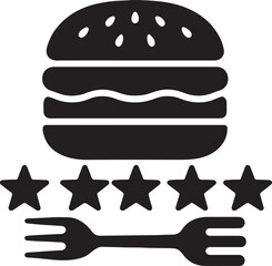 Silhouette vector of a burger with star rating above it. Great for food reviews, restaurant rankings, and quality meal branding.