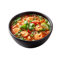 Delicious Spicy Tom Yum Soup with Shrimp, Rice Noodles, and Cilantro in a Black Bowl