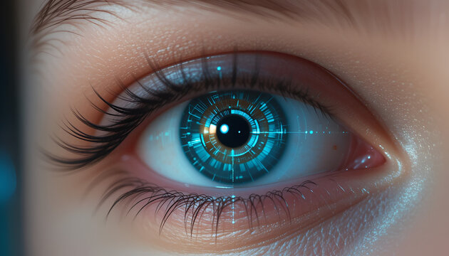Hyperreal close-up of a human eye with a digital HUD interface projected on the iris.
