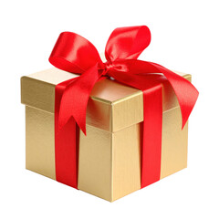 Obraz premium A gold gift box with a shiny red ribbon tied in a bow on top