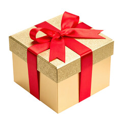 Obraz premium A gold gift box with a shiny red ribbon and bow, perfect for celebrations or special occasions