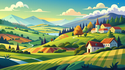 Panorama of beautiful countryside of Romania captures a sunny afternoon in springtime mountains, with grassy field, rolling hills, rural charm, and peaceful landscape bathed in golden light.