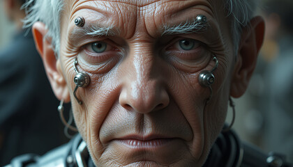 Close-up of an elderly human with cybernetic enhancements, deep wrinkles fused with metallic implants.
