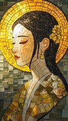 a chinese girl, golden halo, in mosaic Byzantine style, with soft light, background - temple, peace and wisdom, realism with elements of iconography