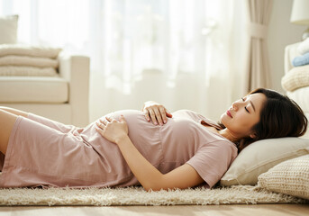 Sleeping Asian Pregnant Woman, Napping Expecting Mom on Bed, Maternity Rest Moment, Relaxed Korean Mom-to-Be, Peaceful Pregnancy Nap Scene