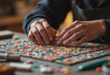 Fototapeta premium Hands arranging colorful tesserae on a ceramic mosaic workshop table