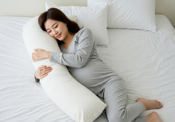 Sleeping Asian Pregnant Woman, Napping Expecting Mom on Bed, Maternity Rest Moment, Relaxed Korean Mom-to-Be, Peaceful Pregnancy Nap Scene