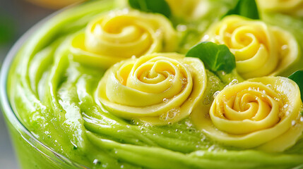 close up of green jelly juice candies of avocado fruit