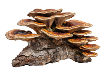 Shelf mushrooms cluster on decaying wood