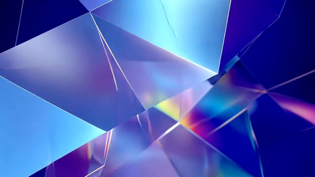 Abstract geometric shapes floating in a hazy glow against a dark blue gradient background