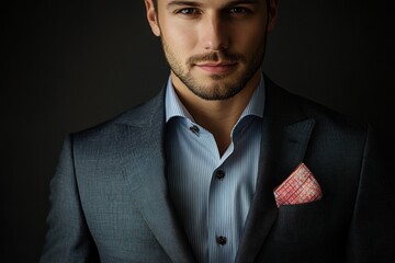A businessman, confident and dapper, wearing a tailored suit with a stylish pocket square, radiating a strong sense of personal style.