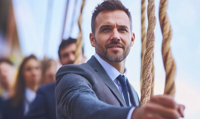 A businessman confidently leading a team through a challenging project, showcasing determination and leadership.