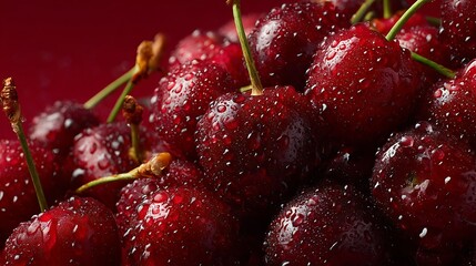 Fresh Ripe Cherries with Water Droplets Close Up