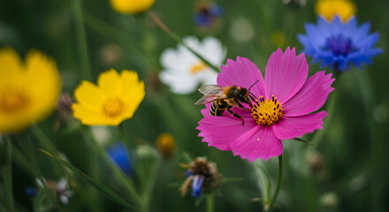 A bee gathering pollen from a vibrant pink cosmos flower in a colorful field