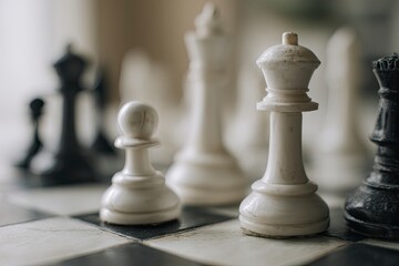 White chess pieces on a chessboard, with black and white colors, a blurred background, and high-resolution photography in a stock photo style