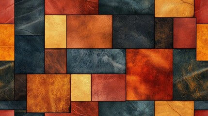 Fototapeta premium Leather patchwork texture with diverse grain types and colors, suitable for fashion layouts, crafting materials, and textile visuals.