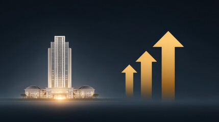 A strong-growing hotel business. A leader in the tourism or hospitality industry. A tall luxury hotel glowing brightly, rising above smaller dim buildings around it.
