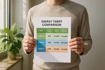 A person holds a chart comparing different energy tariffs by monthly cost, annual cost, and contract length in a bright room with plants.