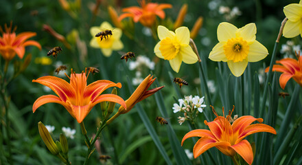 Obraz premium Bees pollinating lilies and daffodils in a vibrant spring garden scene