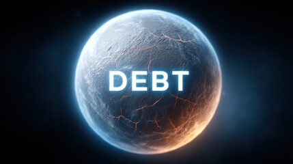 National economic debt. The rise of non-performing loans in the system. The word DEBT at the center of the image, surrounded by economic deterioration.