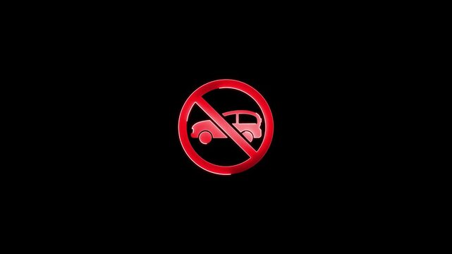 glowing neon no car icon animation black background. 4K Video motion graphic animation.