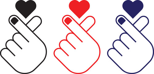 finger heart symbols, heart shapes, minimalist vector illustration, black, red, blue color palette