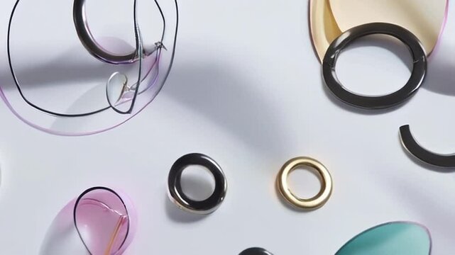 An abstract layout of fashion accessories, featuring smooth vector lines and soft drop shadows. The camera pans slowly across the scene, revealing intricate designs and subtle color gradients