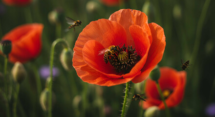Vibrant orange poppy blooms with a bee collecting pollen in a natural setting