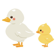 お座りしたアヒルとヒナの横向きイラストセット