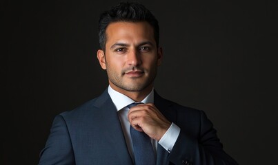 A businessman in a sharp suit, confidently adjusting his tie, showcasing a strong sense of style and self-assurance.