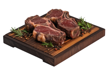 Three seasoned prime rib steaks on wood