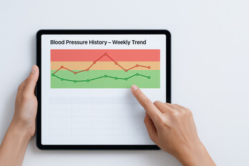 A person uses a tablet displaying a weekly blood pressure trend chart with colored zones.