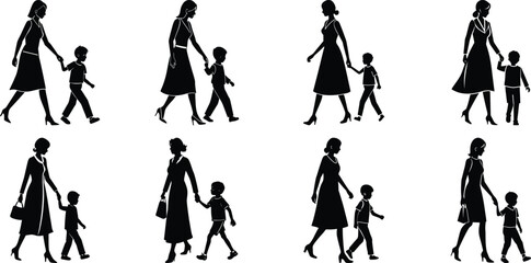 Family mom and children walking and playing together with kids silhouettes set collection.
