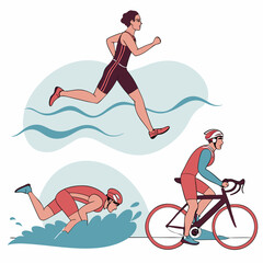 Summer Surfing Triathlon Vector Illustration&mdash;Cartoon Woman and Child Riding Ocean Waves