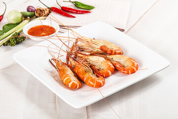 Boiled tiger prawn with sauce