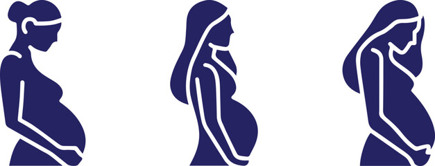 pregnant woman side profile silhouette, minimalist vector illustration, navy blue color scheme"