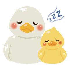 お座りして眠るアヒルとヒナのイラストセット