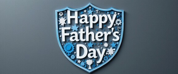 Father’s Day Shield Paper-Cut with Stars, Gears, and Trophy in Blue Tones

