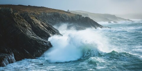 Fototapeta premium Powerful ocean waves crashing against rocky cliffs, creating a dramatic seascape