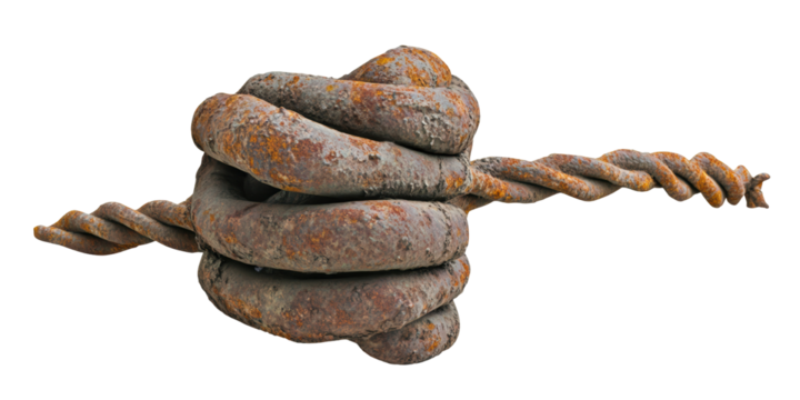 Rusted, coiled metal object with a twisted wire end