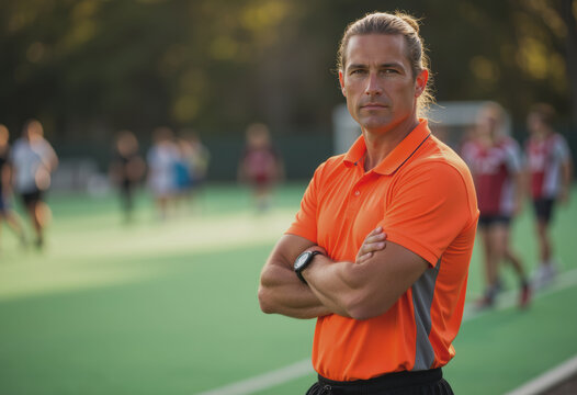 Field hockey coach standing confidently beside the turf sideline - Powered by Adobe